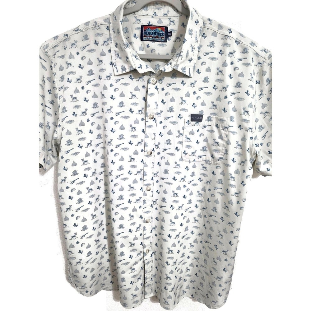 Burlebo Shirt Mens 2XL White Texas Graphic Print Short Sleeve Button Casual